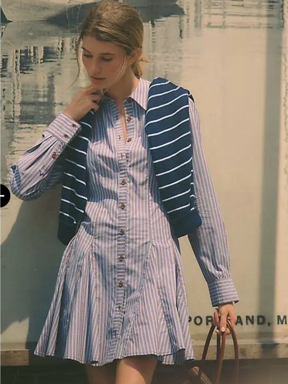 Maeve Godet Striped Button-Front Shirt Dress in Light Blue and White NWT
